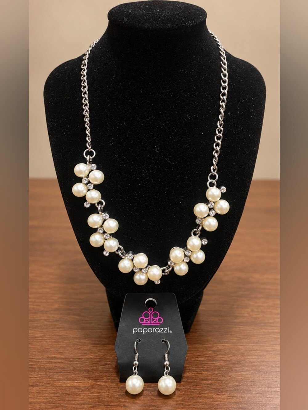 Paparazzi Ivory Faux Pearl Rhinestone Necklace & Earrings Set Silver Tone
